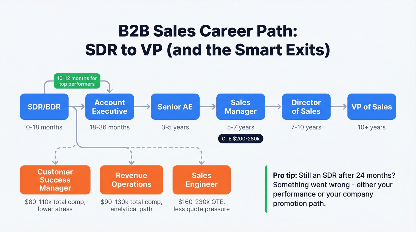B2B sales career path from SDR to VP with exits