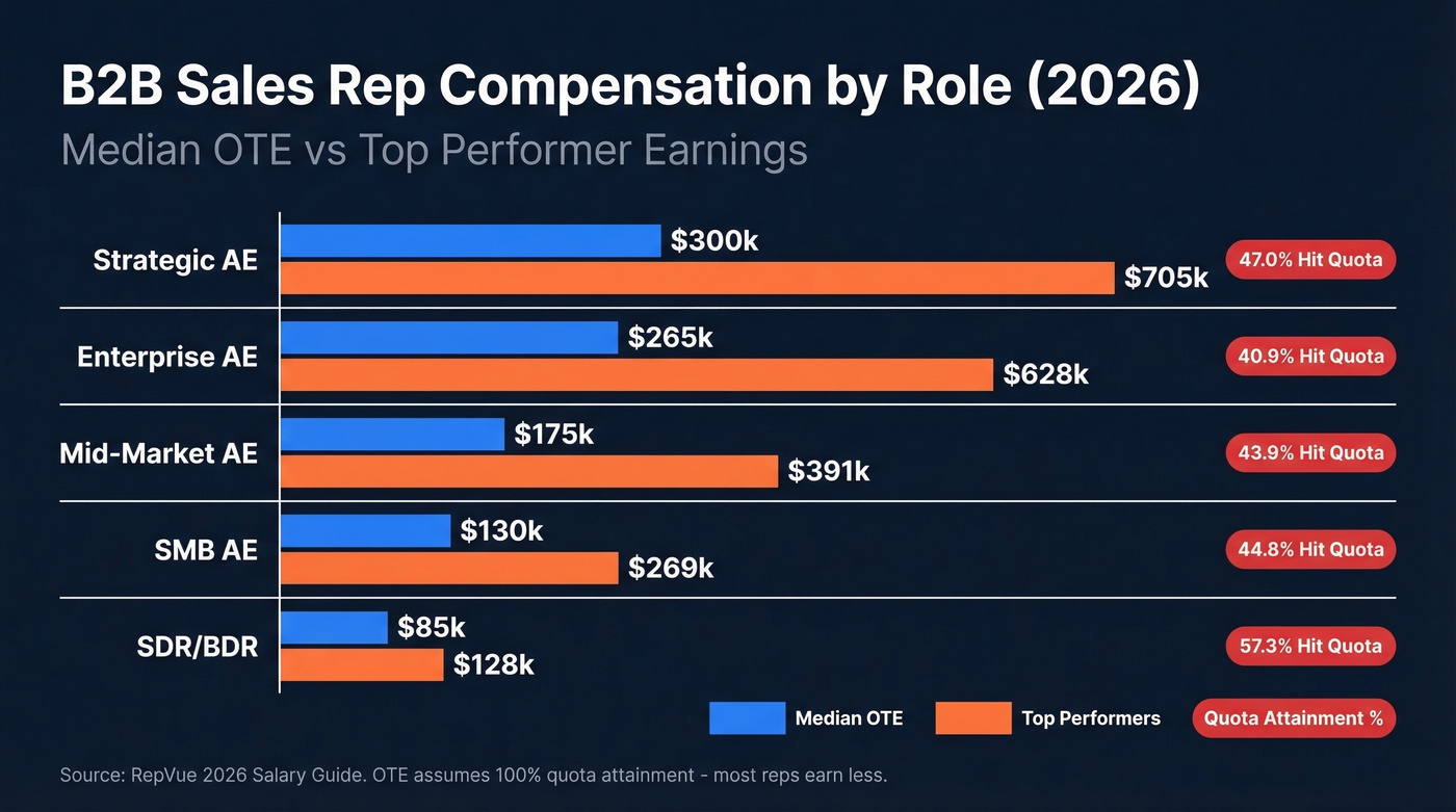 B2B sales rep compensation ranges by role level 2026