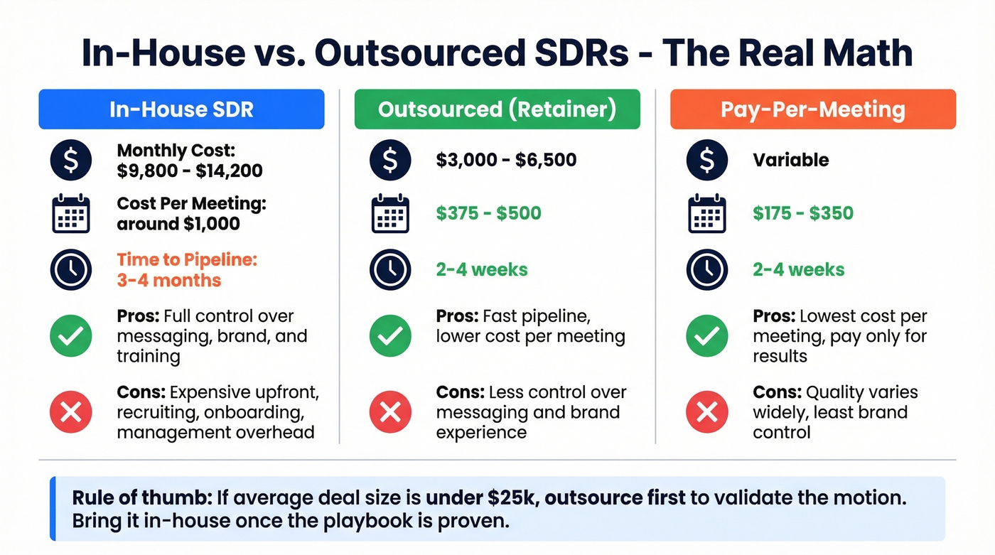 In-house vs outsourced SDR cost and timeline comparison