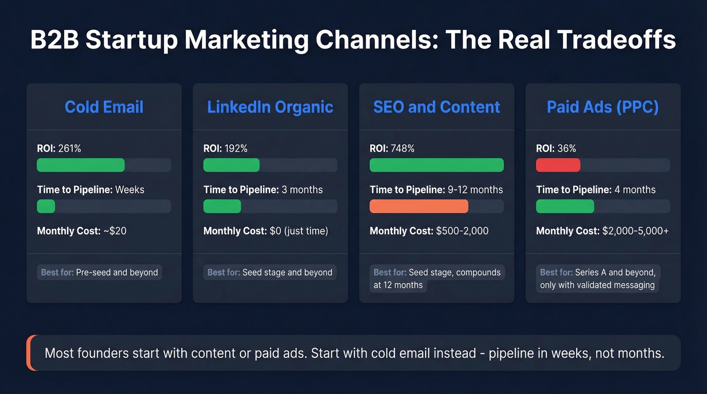 B2B marketing channel comparison by ROI, speed, and cost