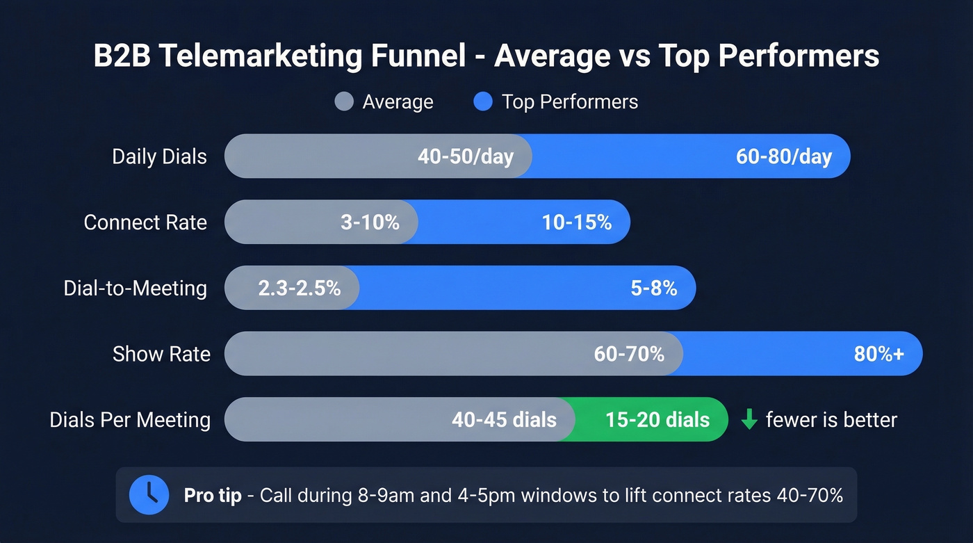 B2B telemarketing funnel benchmarks average vs top performers