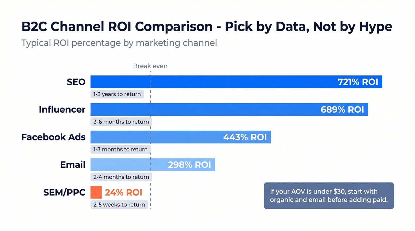 B2C marketing channel ROI comparison bar chart