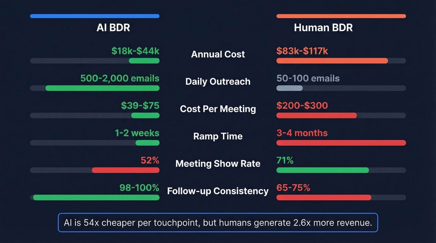 AI BDR vs Human BDR side-by-side metrics comparison