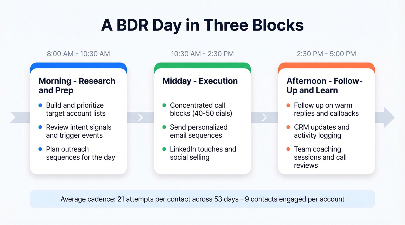 Typical BDR daily schedule broken into three blocks
