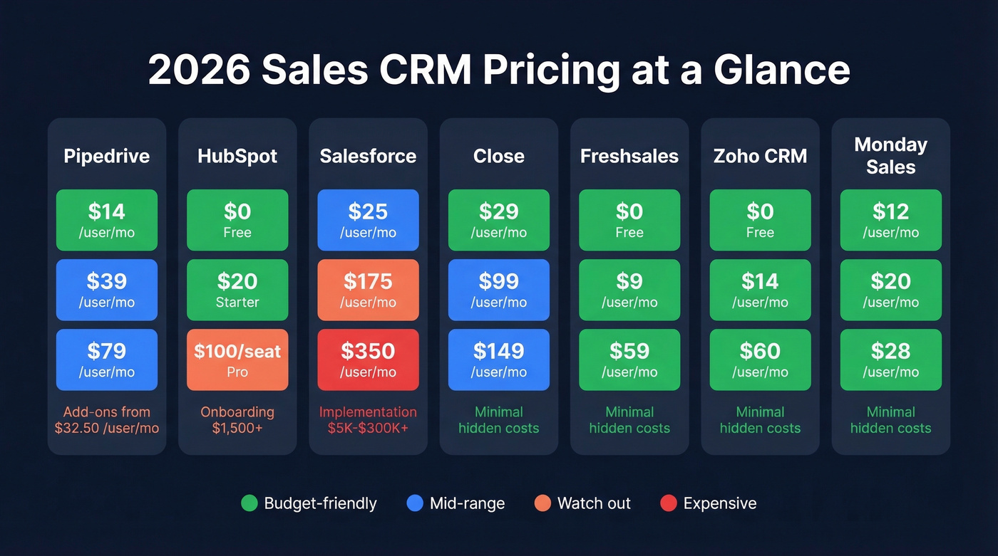 Visual pricing comparison grid of all seven CRMs