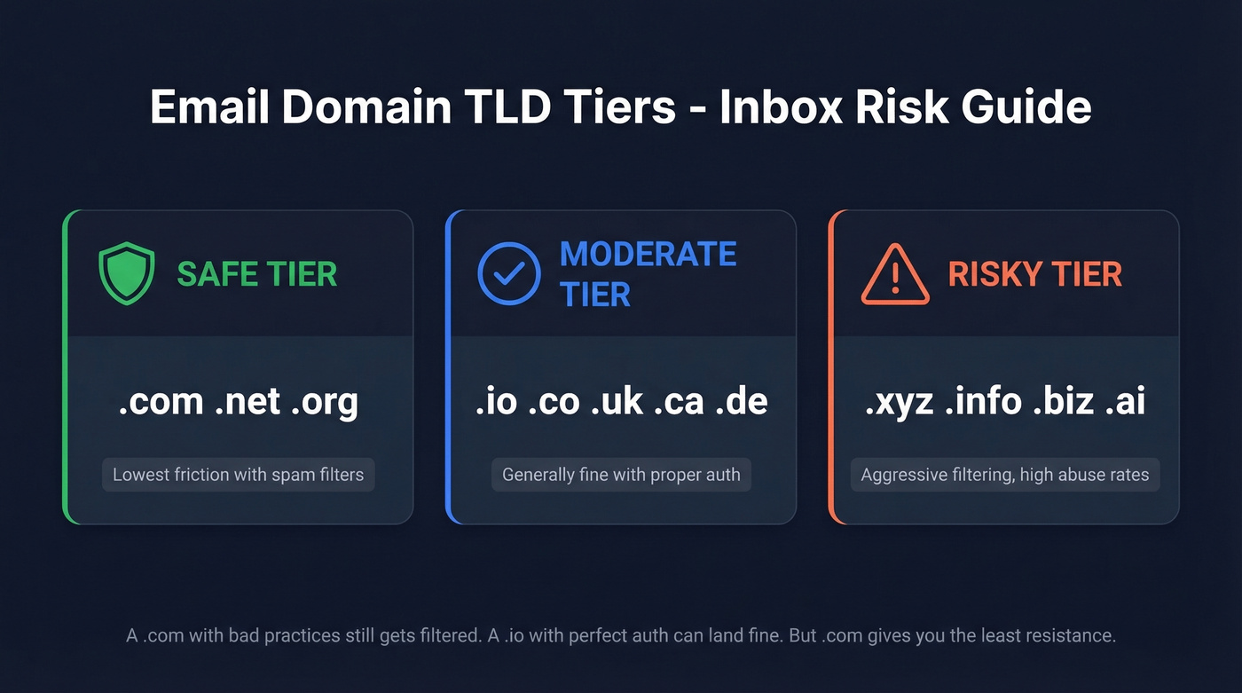 TLD tier comparison showing inbox risk levels