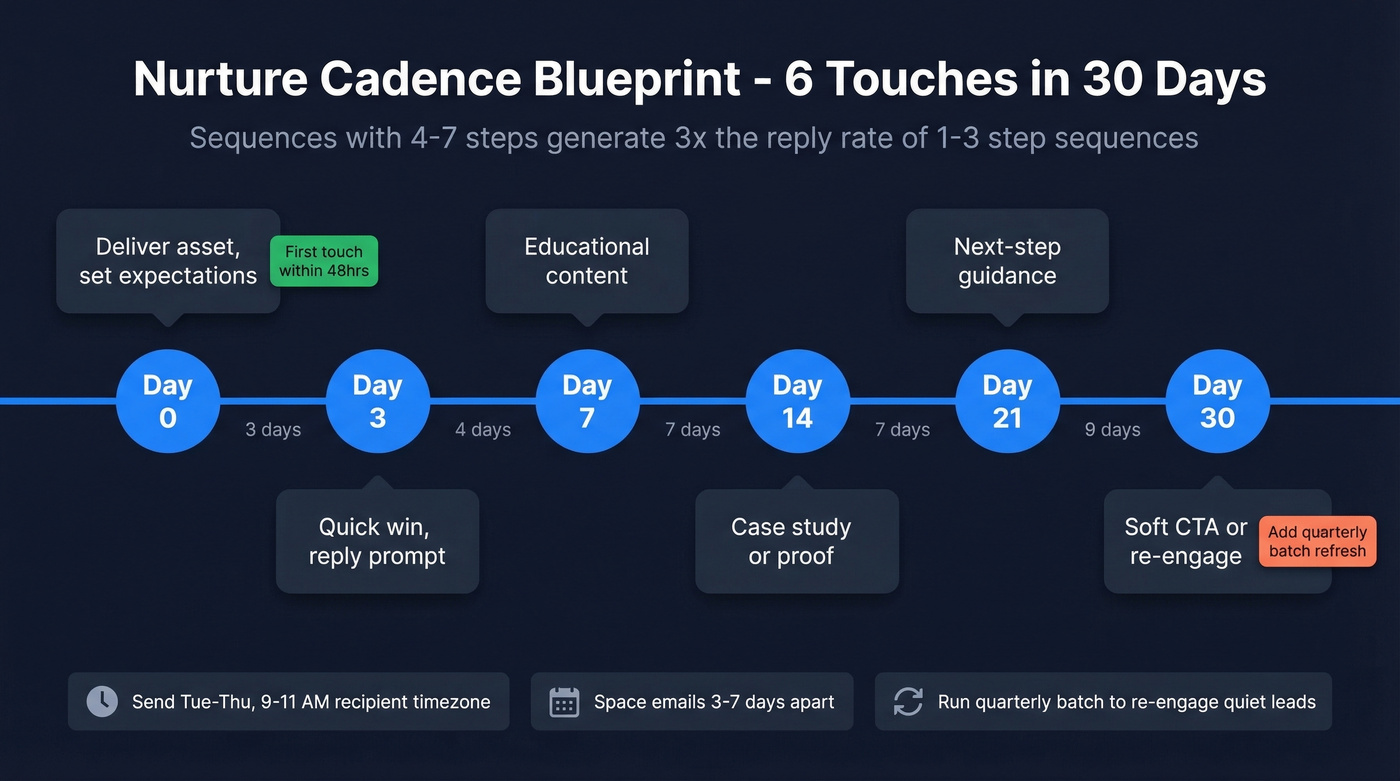 Six-step nurture email cadence timeline with day intervals
