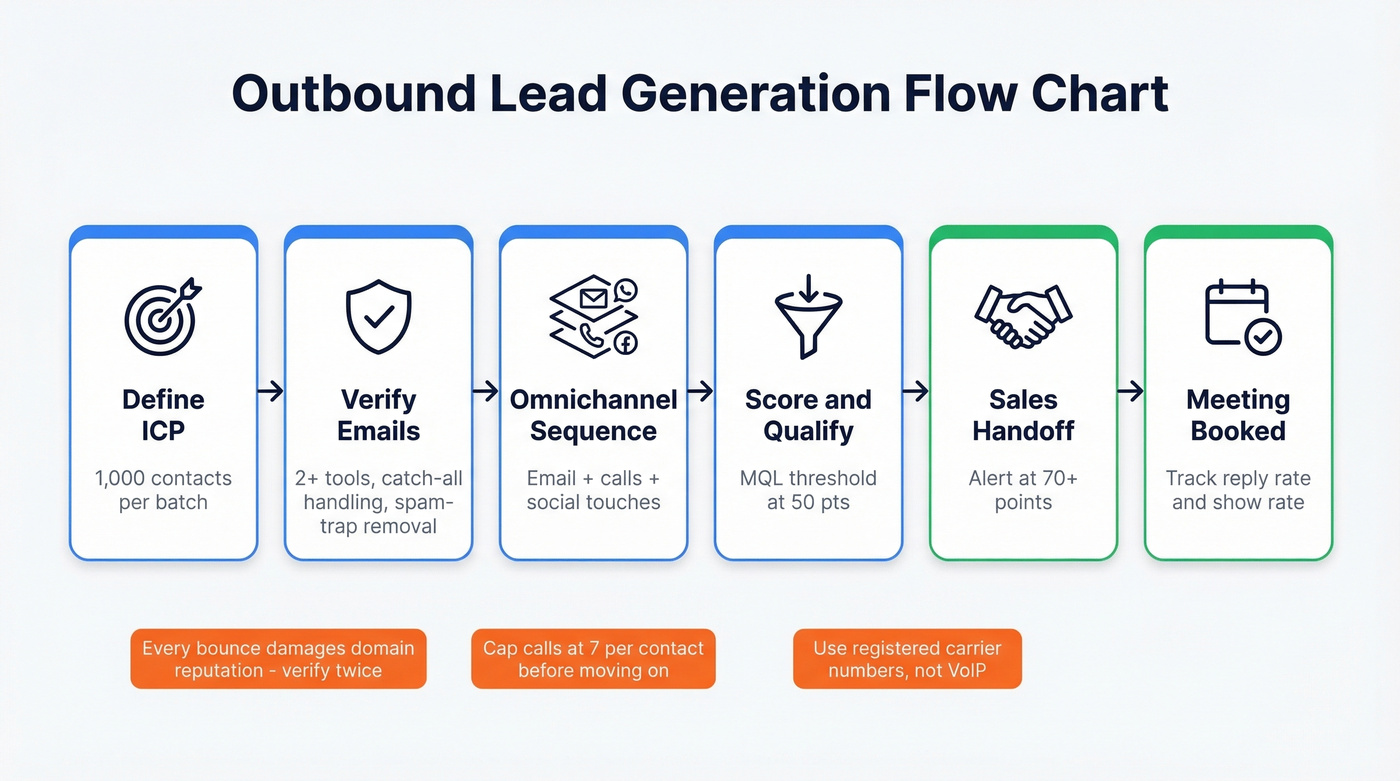 Outbound lead generation flow chart from ICP to sales handoff