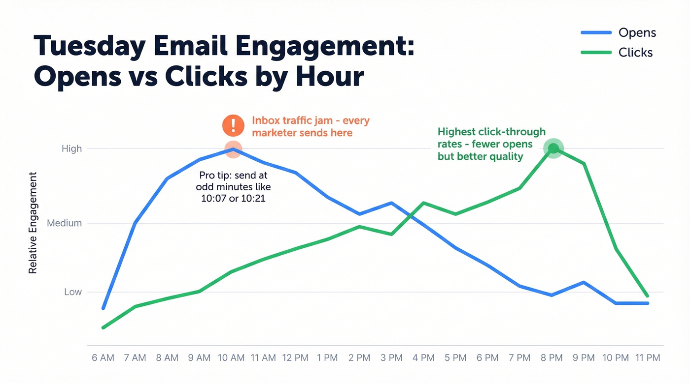 Hour-by-hour Tuesday email engagement chart showing opens vs clicks