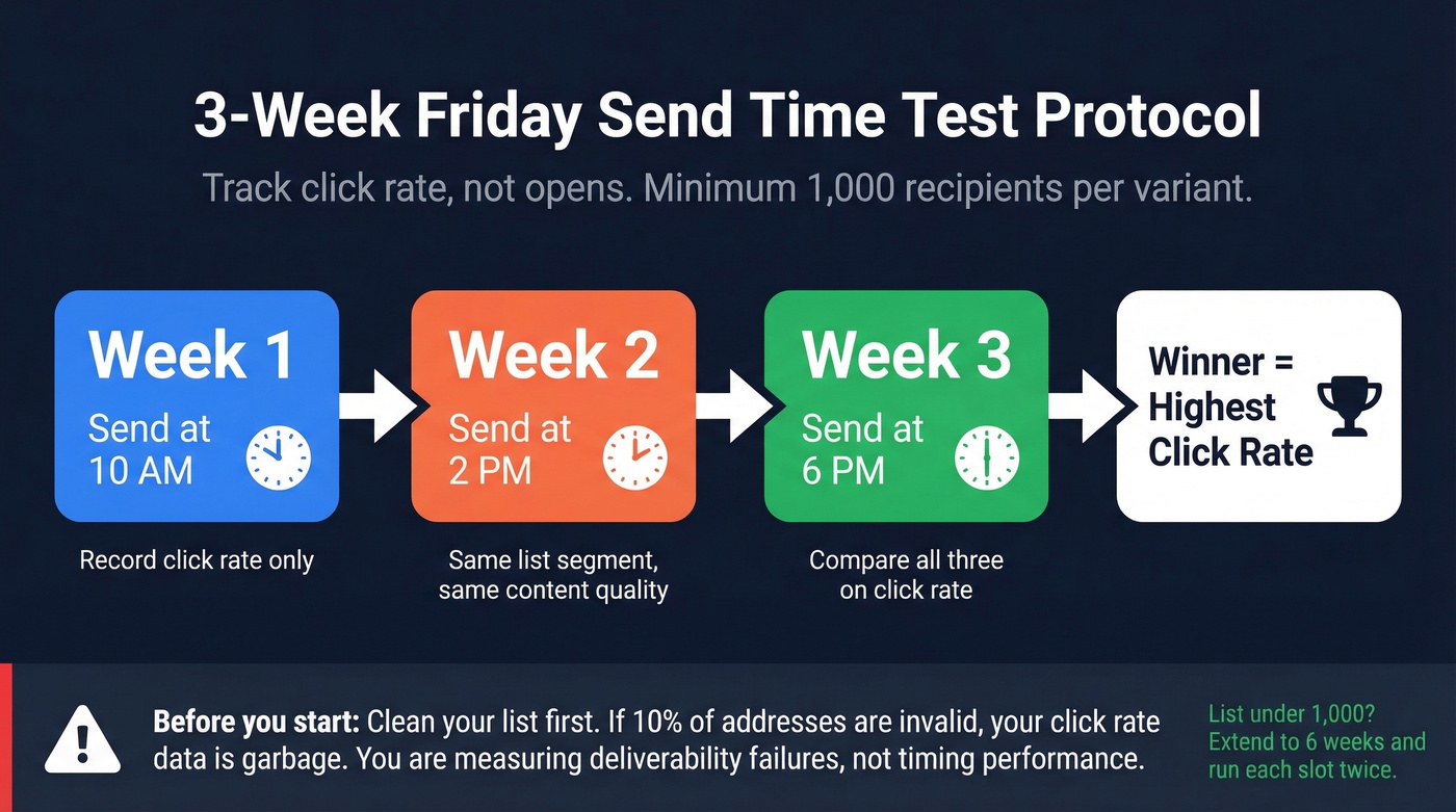 Three-week Friday send time A/B testing protocol