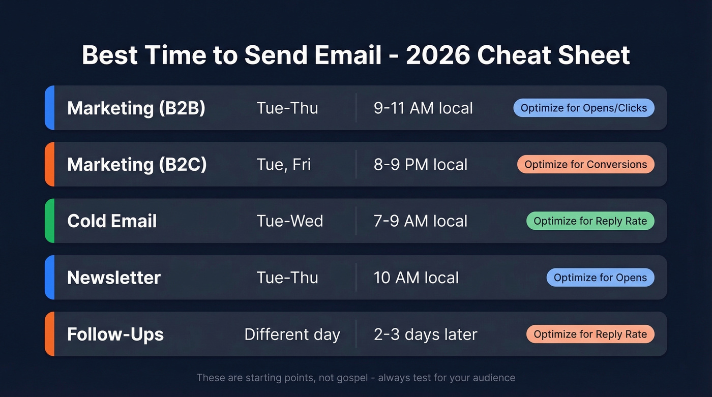 Visual cheat sheet of best email send times by type