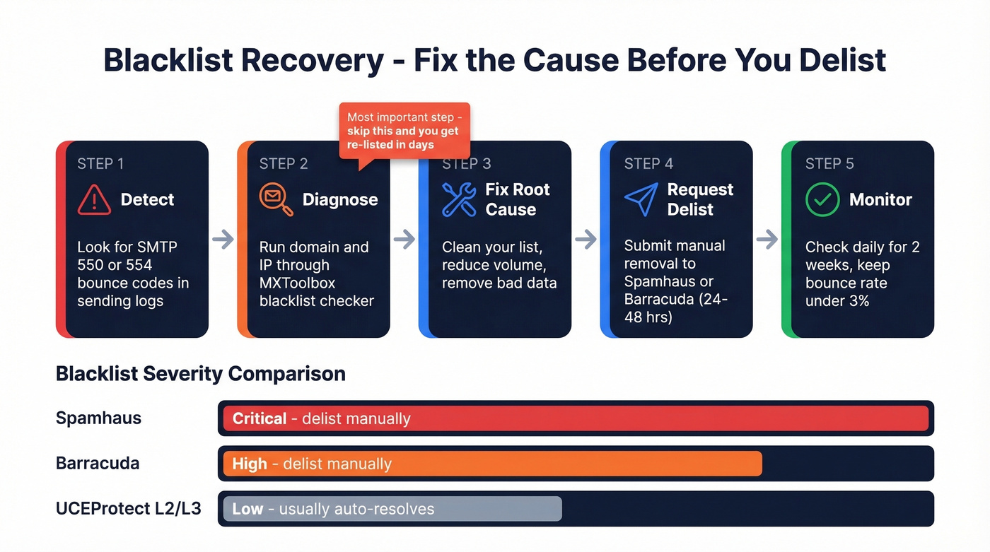 Step-by-step blacklist detection and recovery process flow