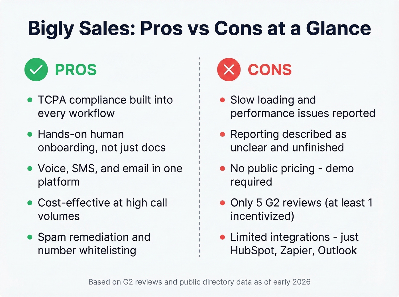 Bigly Sales pros and cons visual summary card