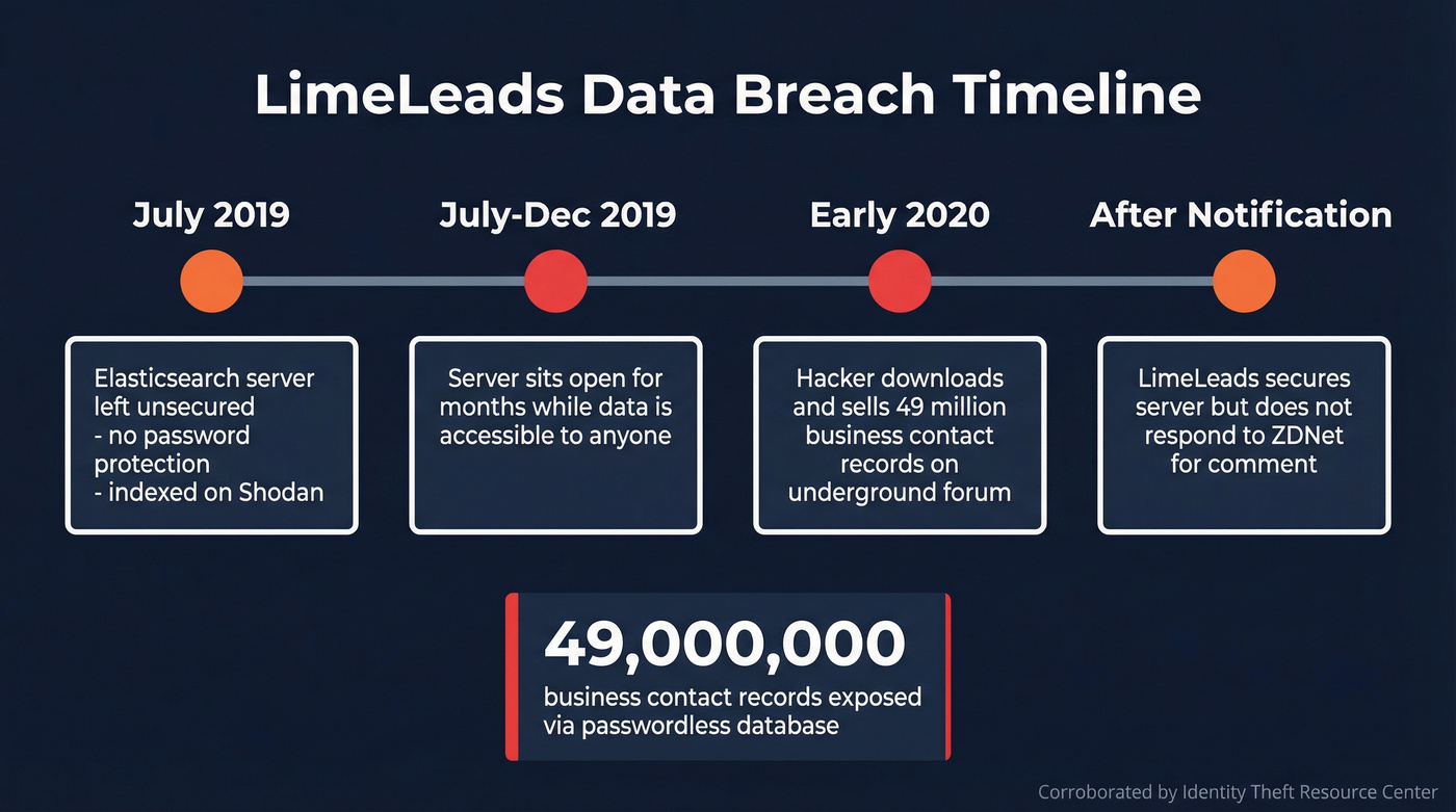 LimeLeads data breach timeline showing exposure and impact