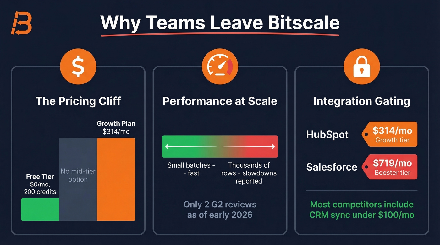 Bitscale pricing cliff and pain points visual breakdown