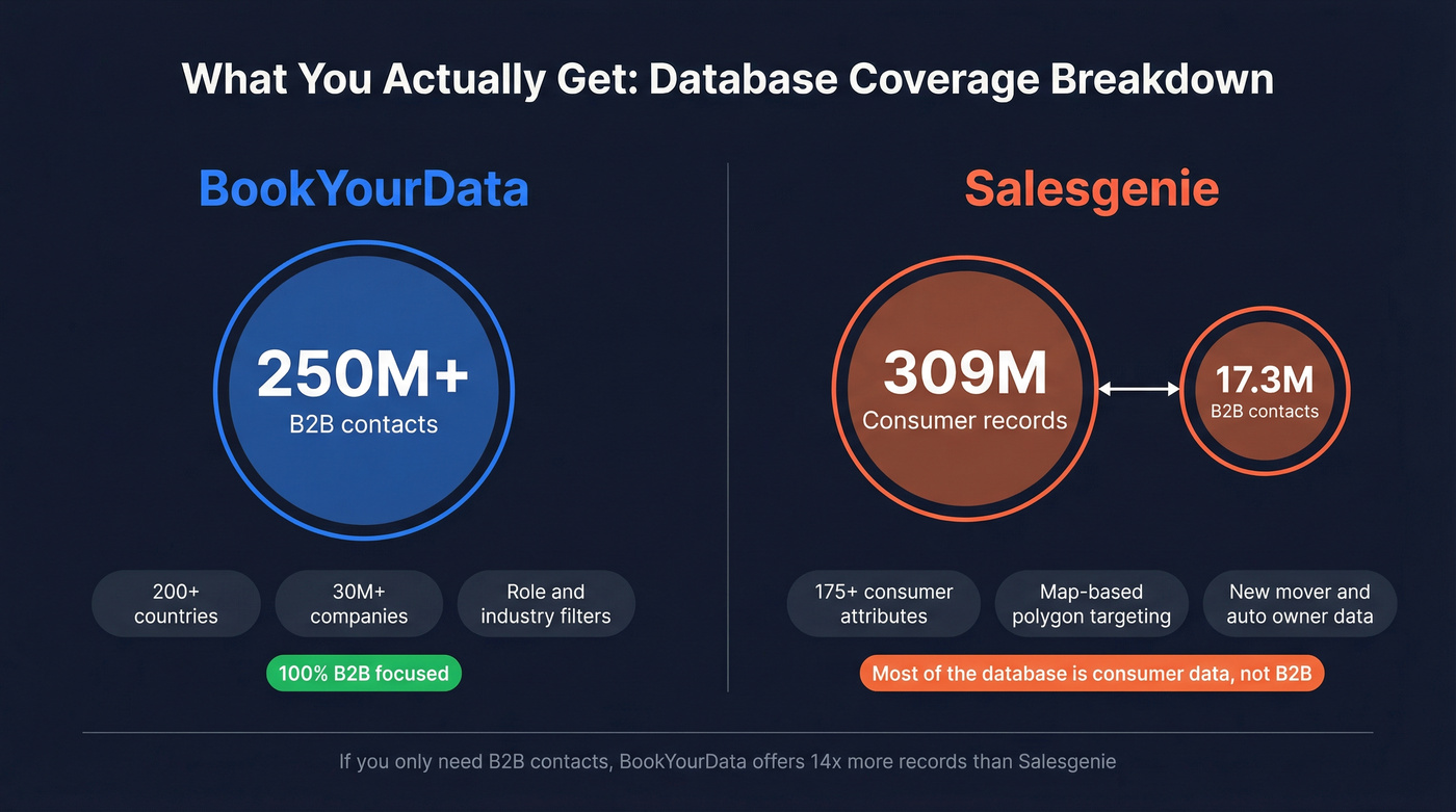 Database coverage breakdown showing B2B vs consumer data split
