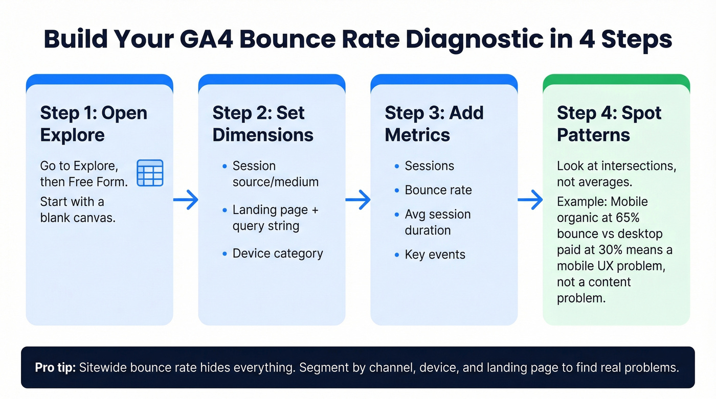 GA4 bounce rate diagnostic exploration setup workflow