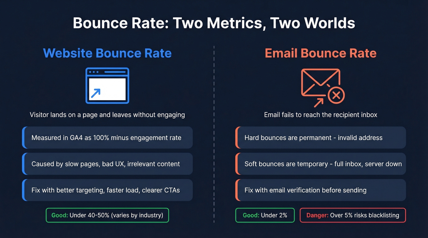 Website bounce rate vs email bounce rate comparison diagram