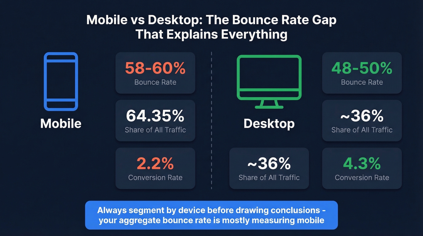 Mobile vs desktop bounce rate and traffic share comparison