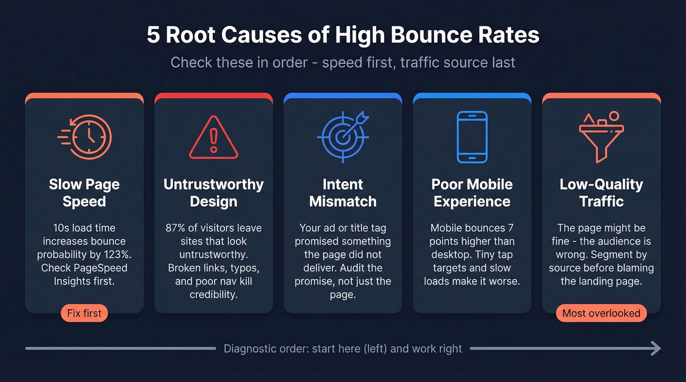 Five root causes of high bounce rates diagnostic diagram