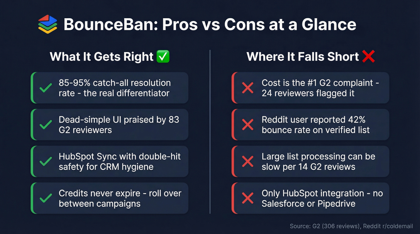 BounceBan pros and cons visual summary card