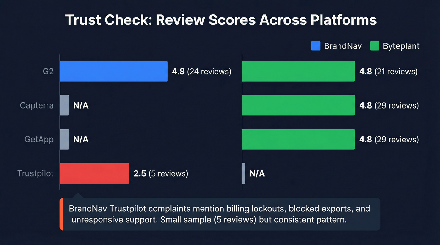 Review scores across platforms for BrandNav and Byteplant