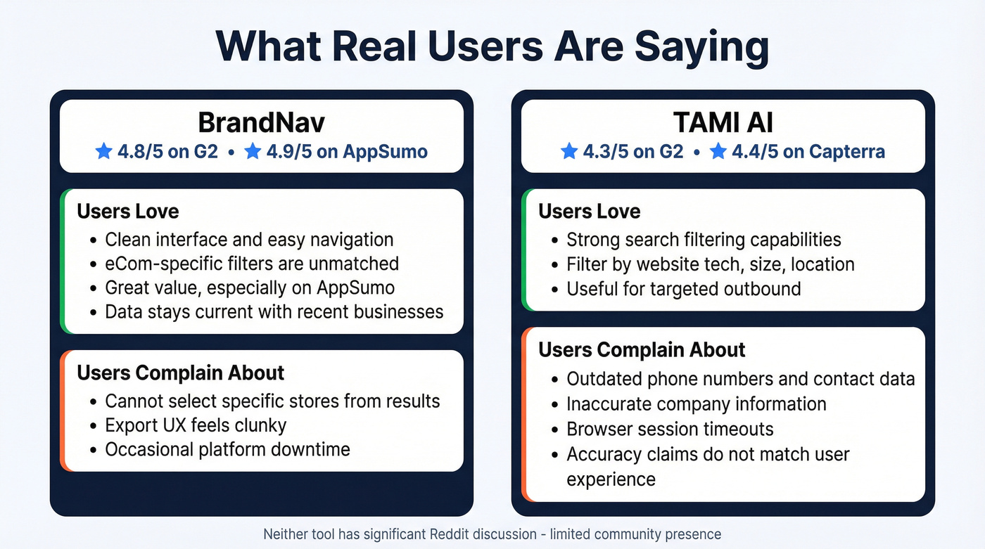 User review sentiment summary for BrandNav and TAMI AI