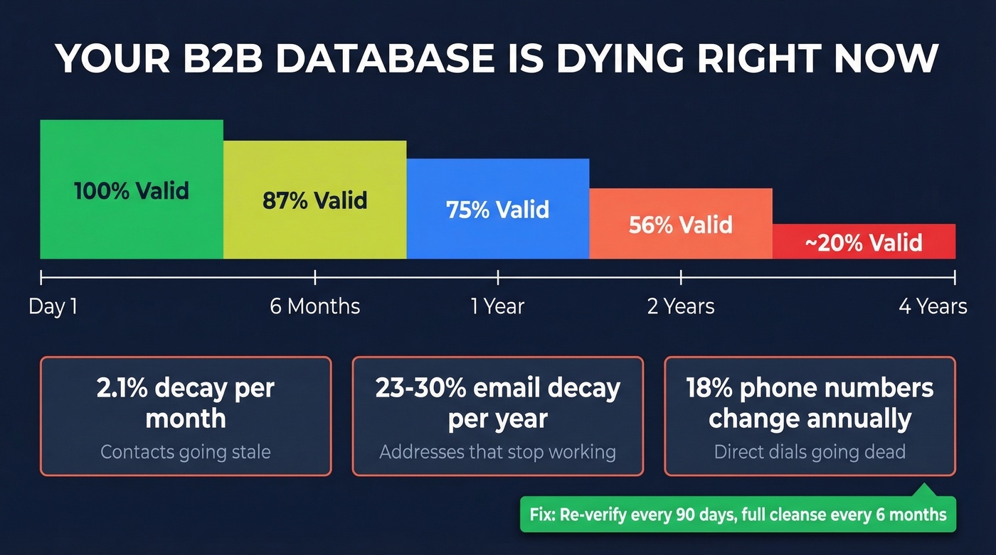 B2B data decay timeline showing database obsolescence over four years