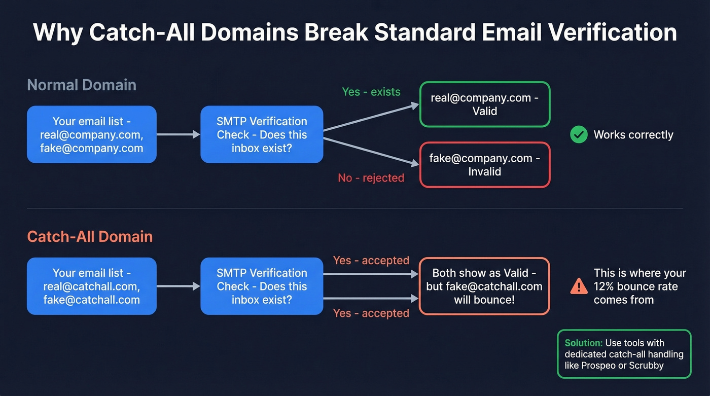 Diagram showing how catch-all domains bypass standard verification