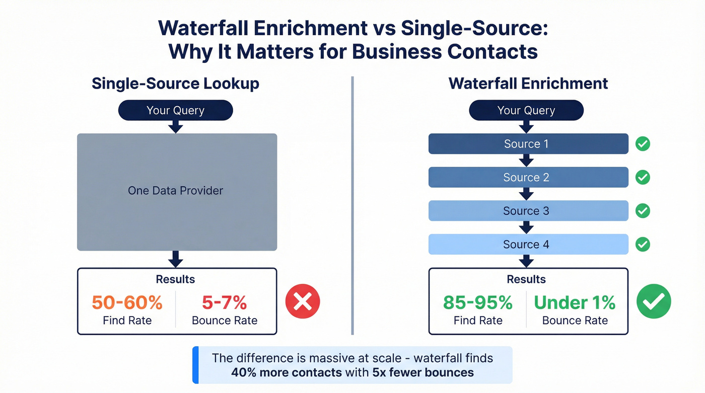Waterfall enrichment vs single source comparison diagram