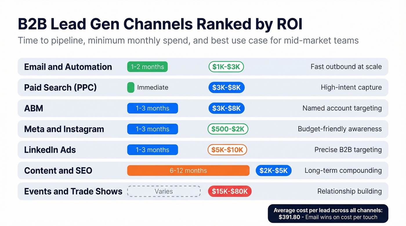 B2B lead gen channels ranked by ROI and time to pipeline
