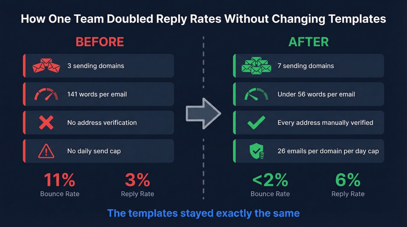 Before and after deliverability infrastructure changes showing doubled reply rates