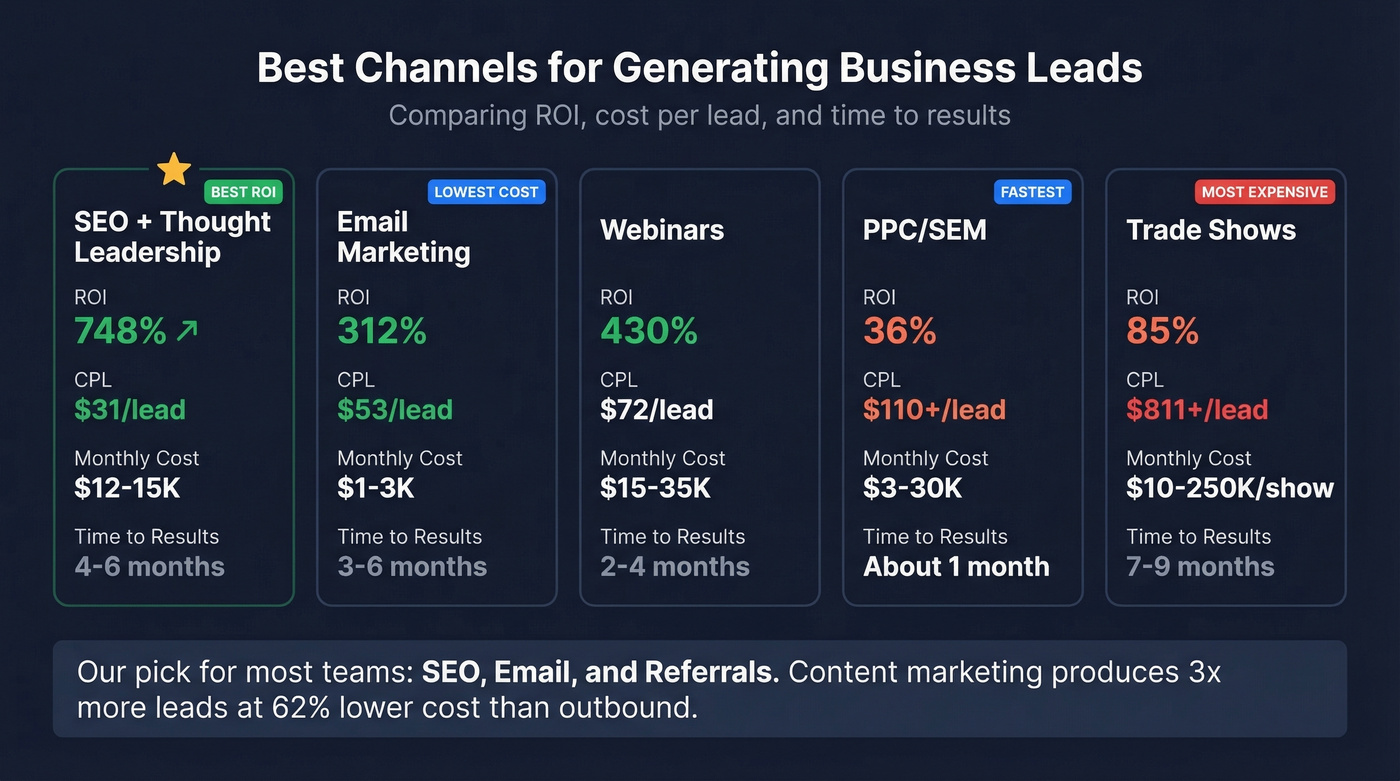Lead generation channel comparison with ROI and cost metrics