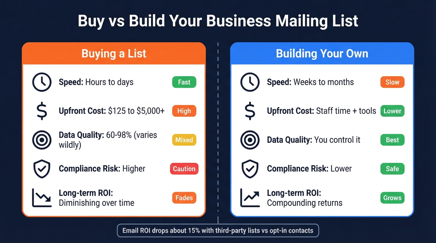 Buy vs build business mailing list decision comparison
