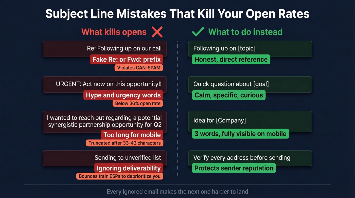 Common subject line mistakes versus better alternatives