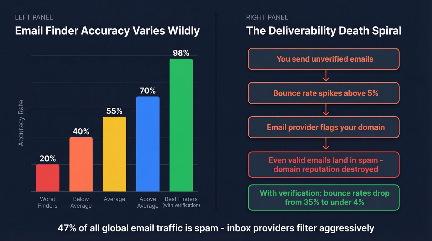 Email finder accuracy ranges and bounce rate impact visualization