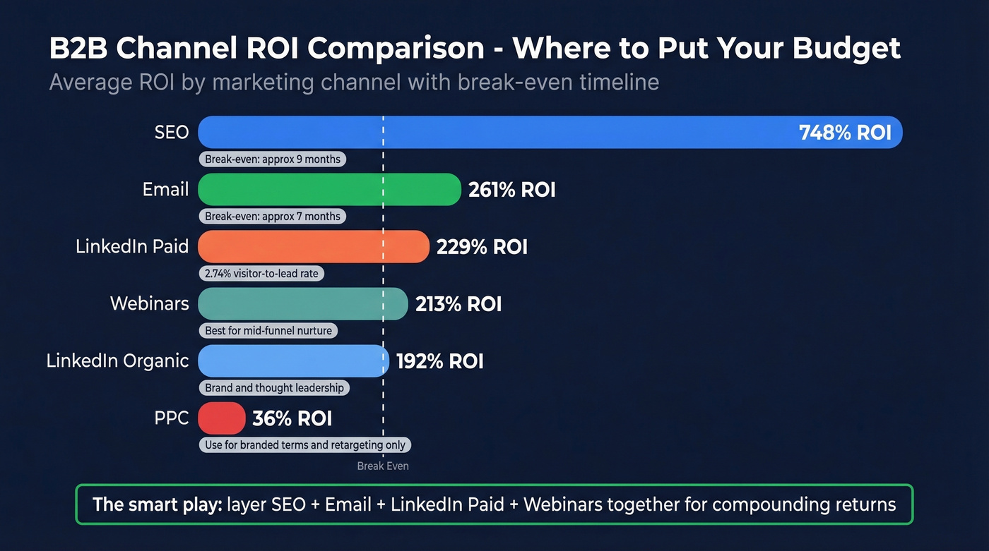 B2B marketing channel ROI comparison with break-even timelines
