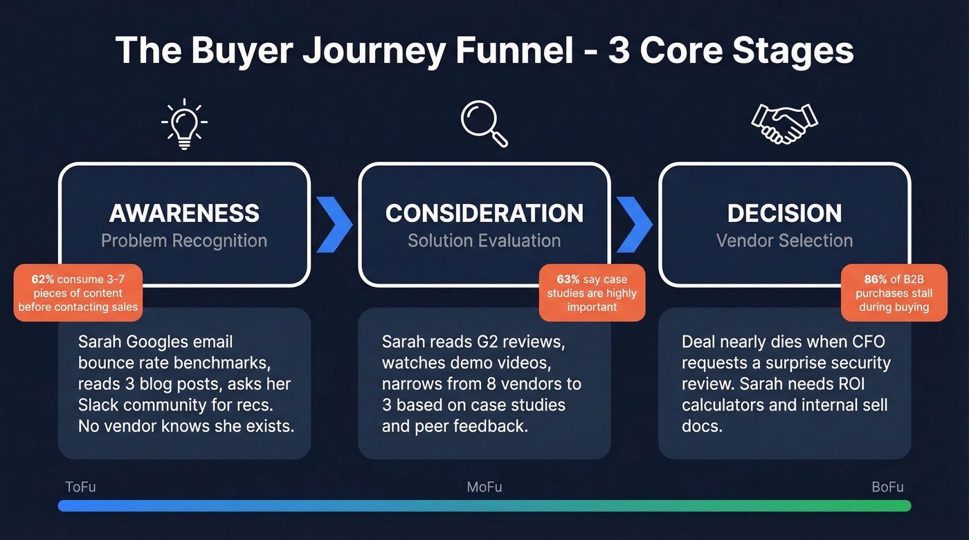 Buyer journey funnel stages with Sarah's example journey