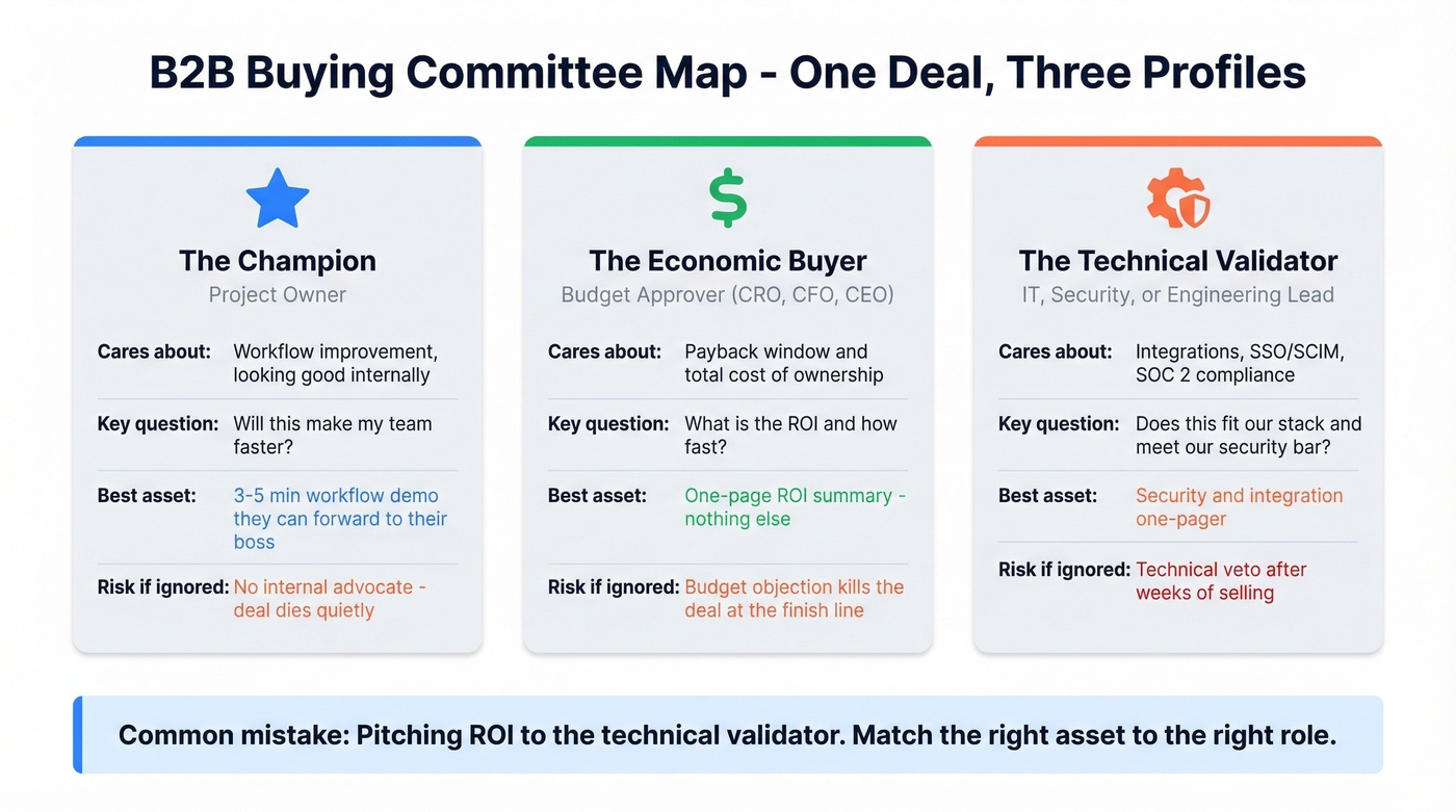 Buying committee map showing champion, economic buyer, and technical validator
