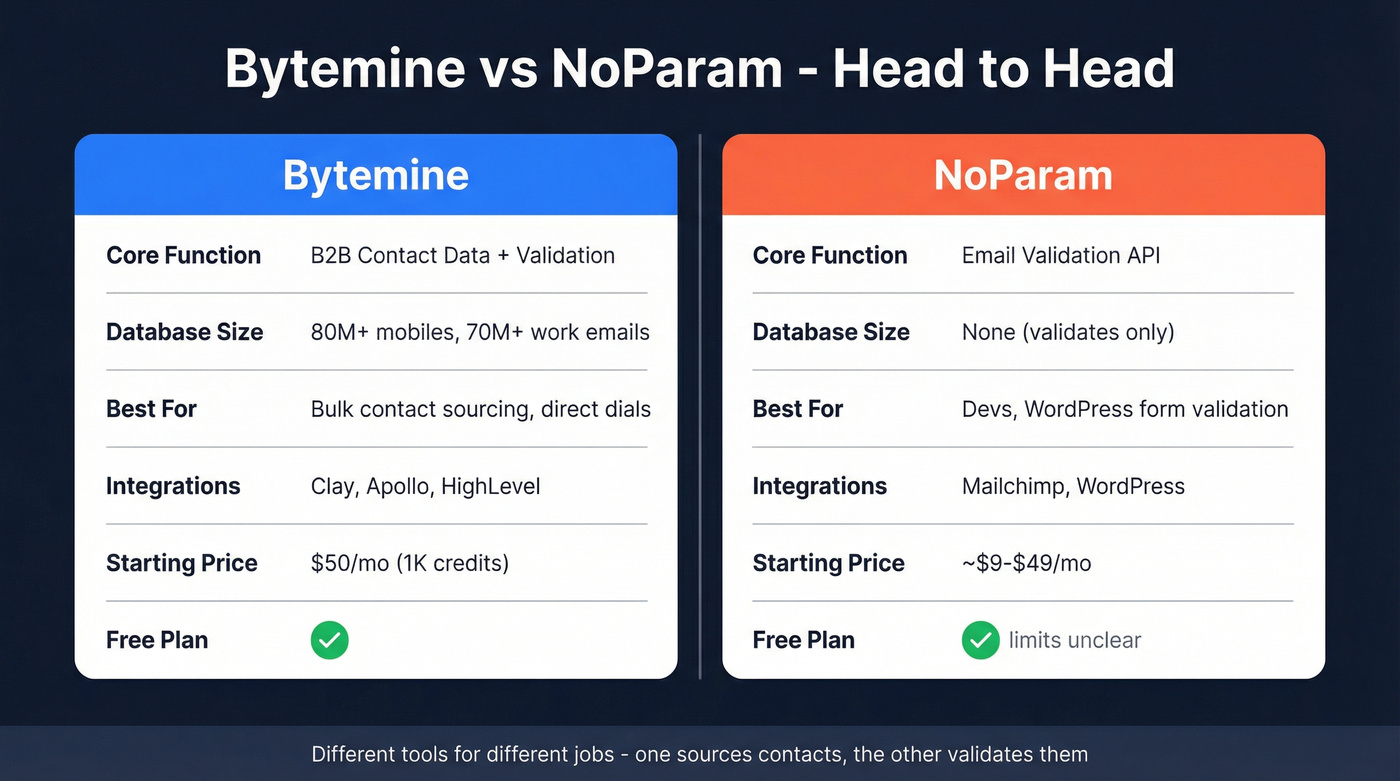 Bytemine vs NoParam head-to-head feature comparison diagram