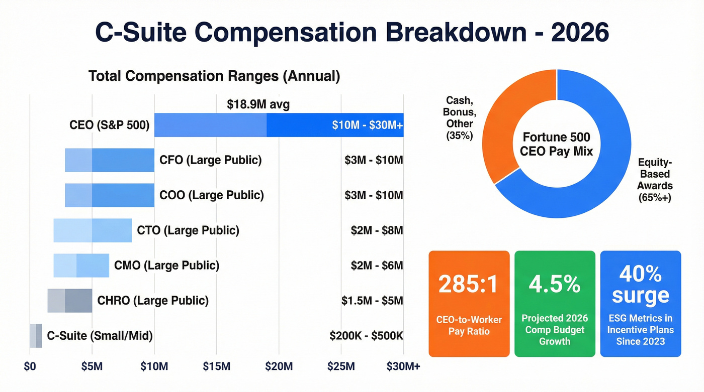 C-suite compensation ranges with equity breakdown visualization