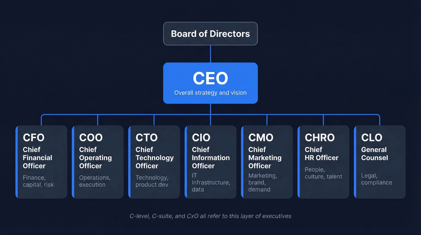 C-suite org hierarchy showing CEO reporting to board and all chiefs reporting to CEO