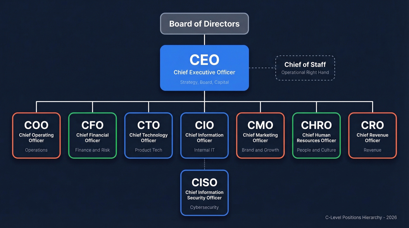 C-suite org chart showing reporting structure and role relationships