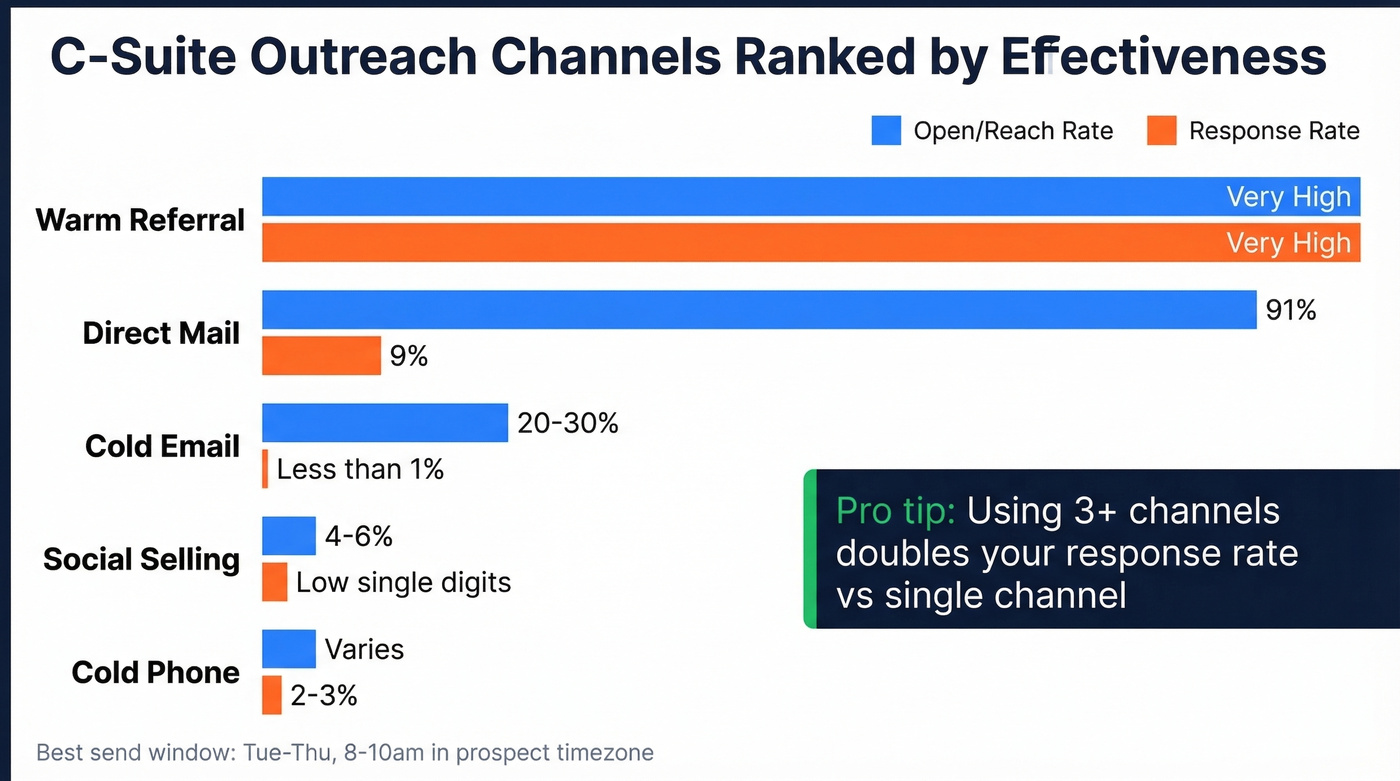 C-suite outreach channel comparison by open and response rates