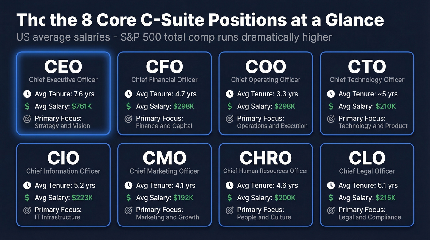 C-suite roles comparison with tenure, salary, and focus