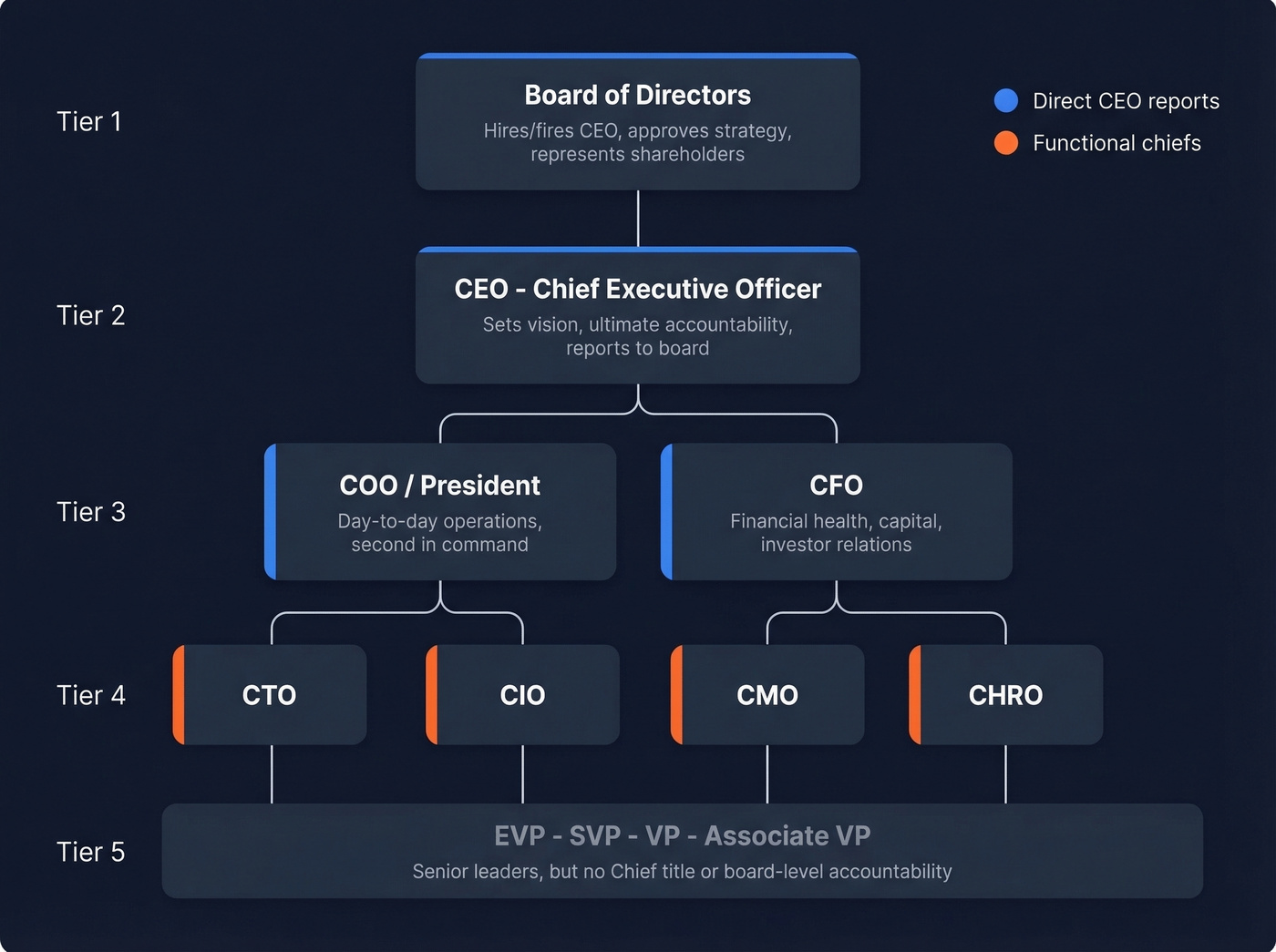 C-suite hierarchy org chart from board to VP tiers