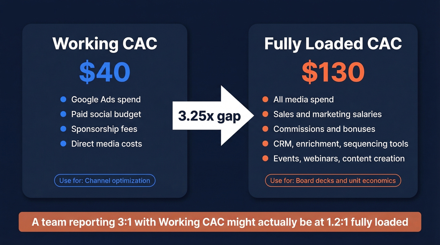Working CAC vs fully loaded CAC comparison breakdown