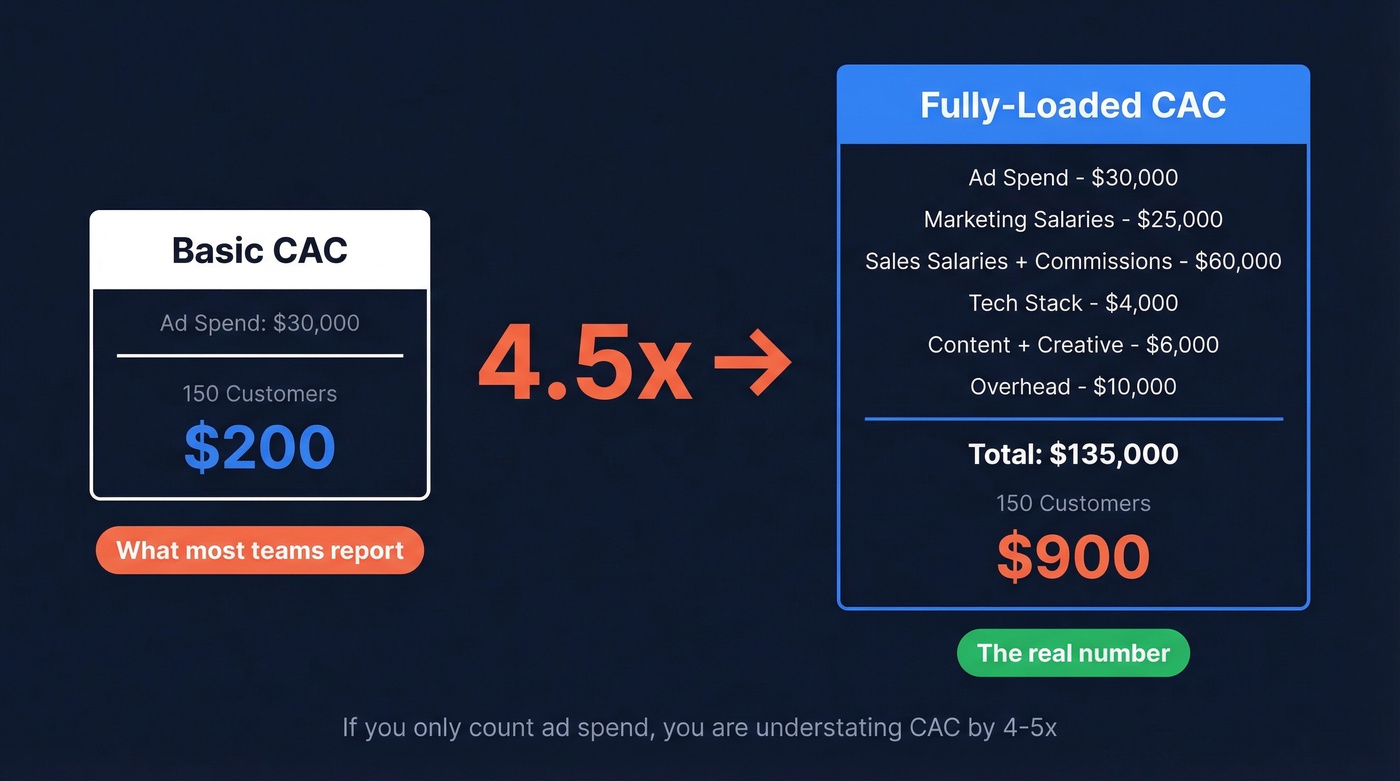 Basic vs fully-loaded CAC comparison showing 4.5x gap
