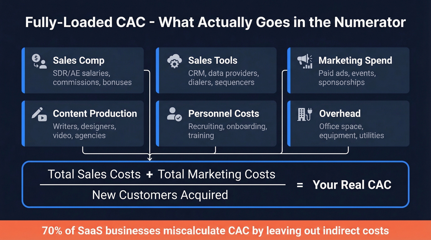 Fully-loaded CAC formula with all cost components visualized