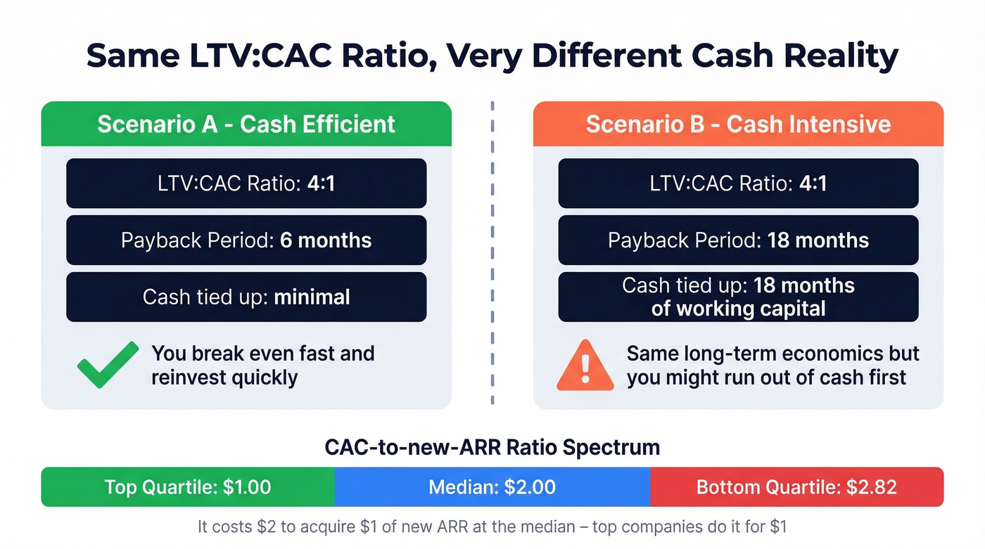 LTV to CAC ratio with payback period comparison